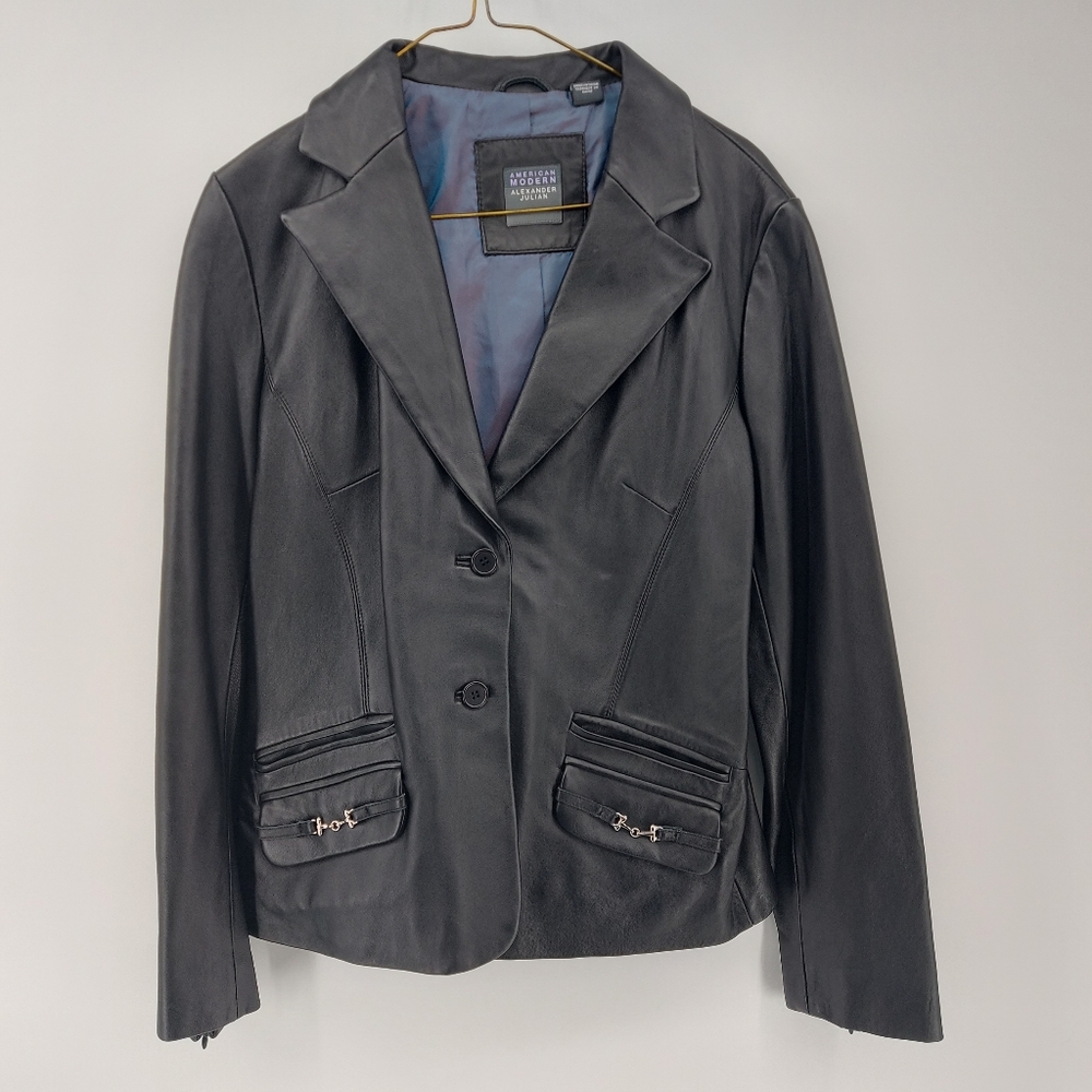 Alexander Julian Leather Lamb Black Fitted Blazer Jacket Size Medium